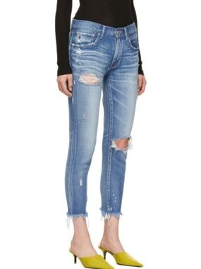 Moussy Vintage Blue Comfort Skinny Jeans Raw Hem Distressed Size 25